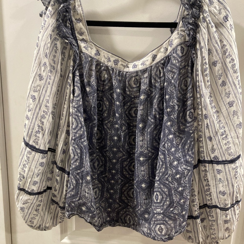 We The Free Blue and White Patterned Blouse